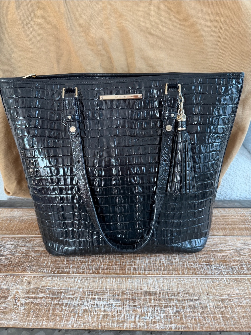 Brahmin Asher Tote Black Croc-Embossed Tassel